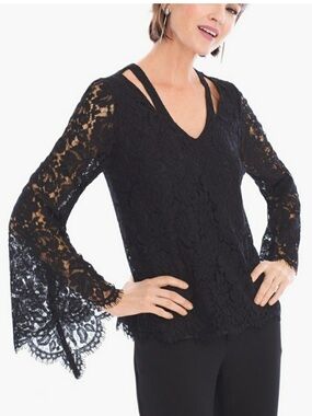 Black Label By Chico's Lace Split Neck Blouse Top Bell Sleeves Whimsigoth Large